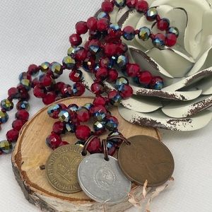 Vintage Foreign Coins on a Crystal Necklace. Boutique Item with a Pop of Red!